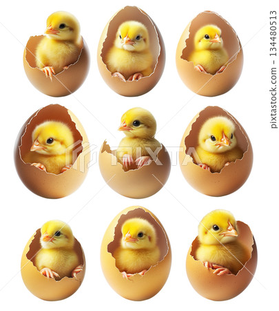 Adorable cute yellow chick emerging from cracked colorful floral eggshell isolated on white background. Adorable cute yellow chick emerging from cracked colorful floral eggshell isolated on white background. 134480513