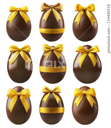 Glossy chocolate Easter egg tied with yellow ribbon in bow, isolated on white transparent background. 134480516