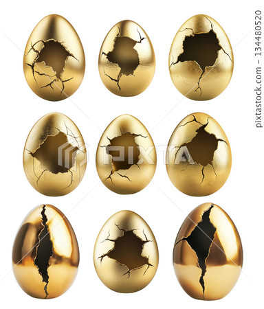 Cracked golden egg with hollow center isolated on white transparent background. The broken shell symbolizes wealth 134480520