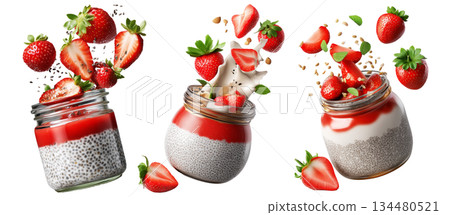 Chia pudding in glass jar with strawberries, nuts, and mint flying above isolated on white transparent background 134480521