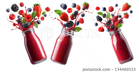 Vibrant berry smoothie splashing from glass bottle, surrounded by fresh fruits and mint, isolated on white background Vibrant berry smoothie splashing from glass bottle, surrounded by fresh fruits and mint, isolated on white background 134480533
