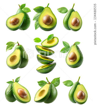 Set of avocado slices with green leaves isolated on white transparent background, concept of healthy food 134480535