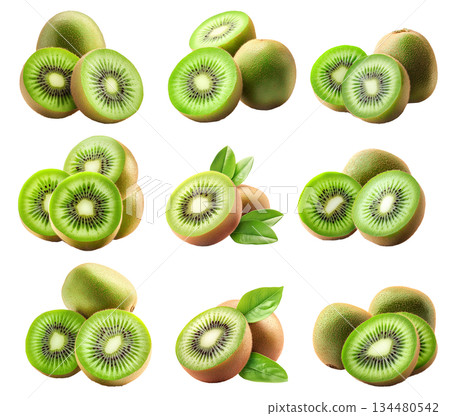 Set of kiwi fruits with vibrant green flesh and brown fuzzy skin, isolated on white transparent background. Set of kiwi fruits with vibrant green flesh and brown fuzzy skin, isolated on white transparent background. 134480542