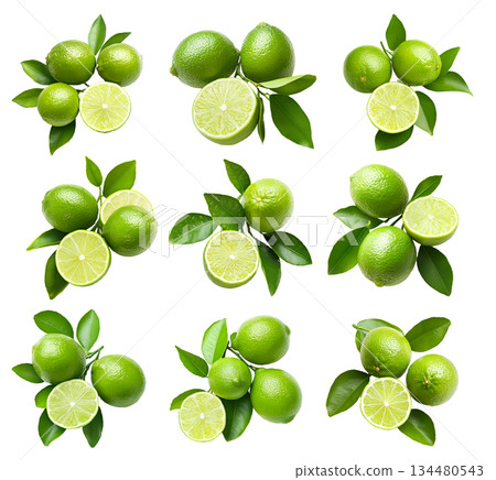 Set of green limes with fresh leaves, presented on white transparent background, freshness and citrus concept 134480543