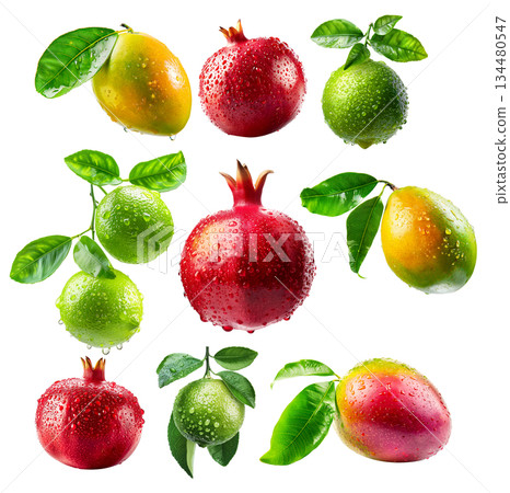 Ripe mango, lime and pomegranate with green leaves and water drops isolated on white transparent background 134480547