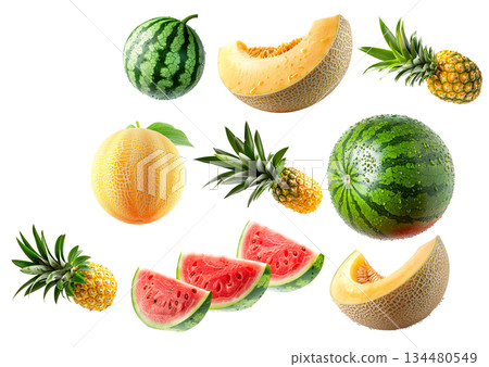 Set of pineapple, watermelon and cantaloupe melon with green leaves isolated on white background Set of pineapple, watermelon and cantaloupe melon with green leaves isolated on white background 134480549