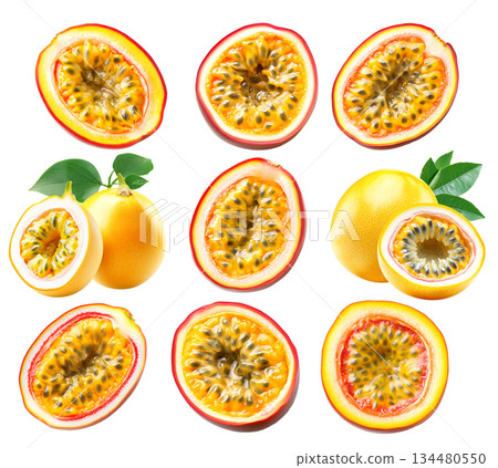 Set of passion fruit with vibrant seeds, green leaves, isolated on white transparent background. Set of passion fruit with vibrant seeds, green leaves, isolated on white transparent background. 134480550