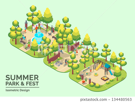 Cartoon Color Summer Park and Fest Concept Kid Playground, Central Fountain and Cycling Path Elements 3d Isometric View. Vector illustration 134480563