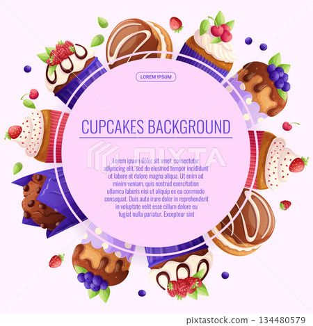 Colorful background with delicious cupcakes and muffins. The concept of confectionery, baking, cooking. Vector illustration for the design of posters, flyers, postcards and invitations 134480579
