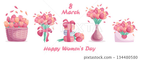 A set of festive elements with flowers on a white background. The concept of International Women's Day. Isolated vector illustration for the design of postcards, banners, textiles, posters A set of festive elements with flowers on a white background. The concept of International Women's Day. Isolated vector illustration for the design of postcards, banners, textiles, posters 134480580