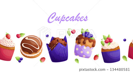 Seamless border with delicious cupcakes and muffins. The concept of confectionery, baking, cooking. Vector illustration for the design of posters, postcards, banners 134480581