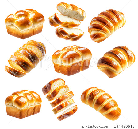 Set of golden-brown brioche loaf, isolated on white transparent background, concept of baked goods Set of golden-brown brioche loaf, isolated on white transparent background, concept of baked goods 134480613