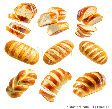 Set of baked braided Challah Jewish bread loaf with a golden crust, isolated on white transparent background Set of baked braided Challah Jewish bread loaf with a golden crust, isolated on white transparent background 134480614