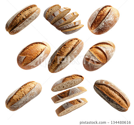 Set of loaf of rye bread isolated on white transparent background, showcasing texture and crust 134480616
