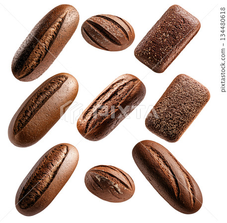 Set of Chocolate Pumpernickel bread loaf, isolated on white transparent background, concept of delicious dessert Set of Chocolate Pumpernickel bread loaf, isolated on white transparent background, concept of delicious dessert 134480618