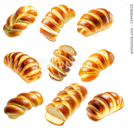 Set of baked braided Challah Jewish bread loaf with a golden crust, isolated on white transparent background 134480628