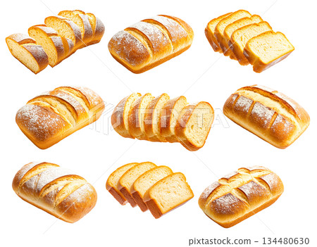 Set of English Muffin bread with a soft texture, dusted with flour, isolated on white transparent background Set of English Muffin bread with a soft texture, dusted with flour, isolated on white transparent background 134480630