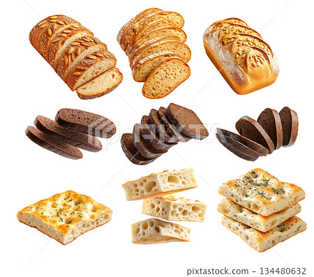 Various types of bread including focaccia, sliced rye, whole loaves with seeds, on white background, concept of bakery variety 134480632