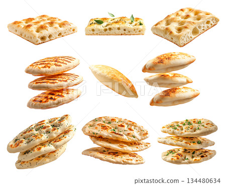 Various types of flatbreads and pita breads arranged on white background, showing texture and variety, concept of traditional food 134480634