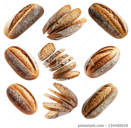 Set of loaf of rye bread isolated on white transparent background, showcasing texture and crust 134480639