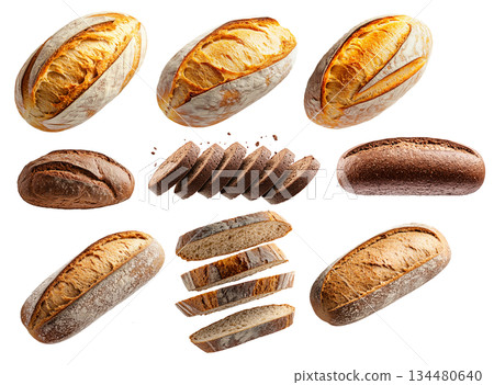 Assortment of different fresh bread loaves and slices on white background. Concept of bakery goods, food variety and freshness 134480640