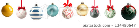 Various Christmas ornaments including baubles, stars, pine cone isolated on white background, New Yeaw and Christmas holidays Various Christmas ornaments including baubles, stars, pine cone isolated on white background, New Yeaw and Christmas holidays 134480647