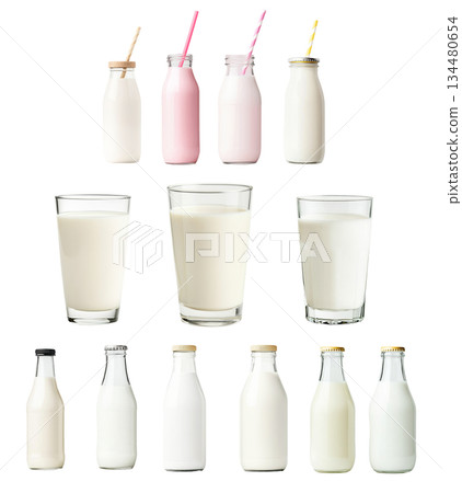 Set of Milk bottles with caps aligned in a row, isolated on white background. Concept of dairy products and freshness 134480654