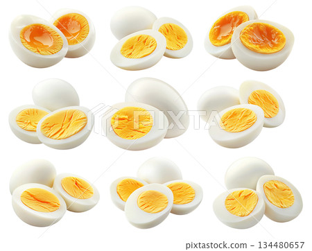 Whole and sliced hard-boiled eggs with firm yolk isolated on white transparent background Whole and sliced hard-boiled eggs with firm yolk isolated on white transparent background 134480657
