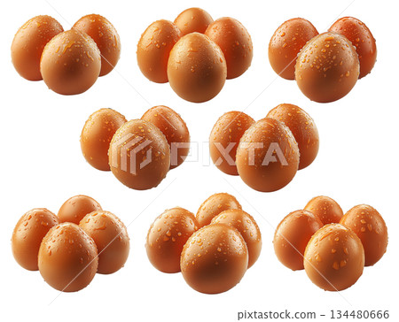 Fresh brown eggs covered in water droplets, isolated on white transparent background. Fresh brown eggs covered in water droplets, isolated on white transparent background. 134480666