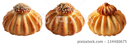 Set of Maamoul traditional sesame covered pastry, cookies powdered with sugar on white background. Concept of baked dessert food Set of Maamoul traditional sesame covered pastry, cookies powdered with sugar on white background. Concept of baked dessert food 134480675