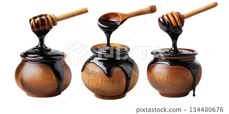 Set of Egyp Molasses black syrup jar splashing from a polished jar, isolated on white background, concept of Arabic Cuisine Set of Egyp Molasses black syrup jar splashing from a polished jar, isolated on white background, concept of Arabic Cuisine 134480676