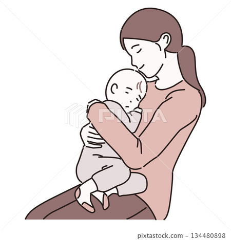 Illustration of a woman hugging a child 134480898