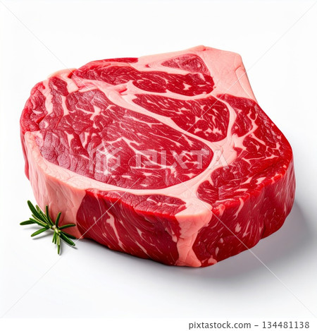 Raw Red Beef Steak with Marbling on a White Background Raw Red Beef Steak with Marbling on a White Background 134481138