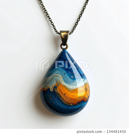 Teardrop Shaped Pendant Necklace with Blue Swirls and Gold Accent on White 134481450