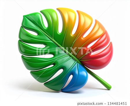 Rainbow Colored Monstera Leaf on White Background with Glossy Texture 134481451