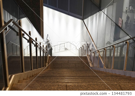 Urban landscape: Stairs and handrails leading underground Urban landscape: Stairs and handrails leading underground 134481793