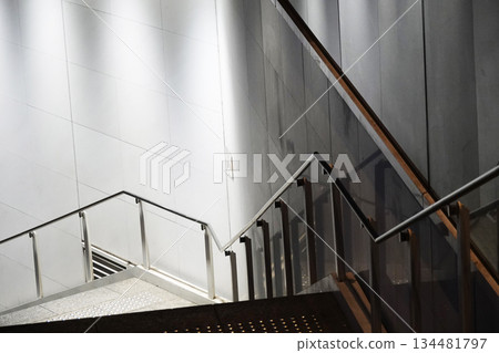 Urban landscape: Stairs and handrails leading underground Urban landscape: Stairs and handrails leading underground 134481797
