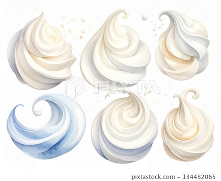 Watercolor Painting of Six Creamy White Swirls on Plain White Background with Pastel Color Palette Watercolor Painting of Six Creamy White Swirls on Plain White Background with Pastel Color Palette 134482065