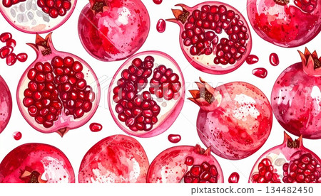 Watercolor Pomegranate Fruit Pattern with Seeds and Red Hues on White Background 134482450