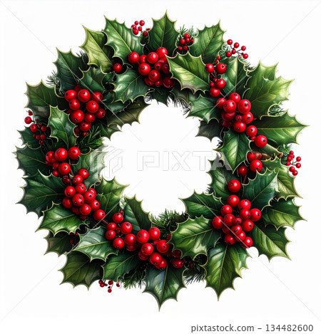 Holly Berry Wreath on White Background Featuring Green Leaves and Red Berries 134482600