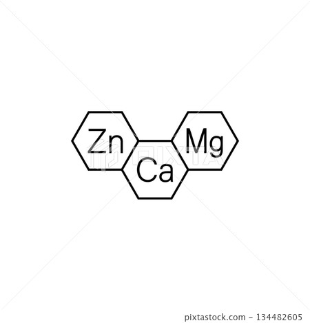 Calcium, magnesium and zinc vitamins. Ca, Mg, Zn icon and logo. Vector clipart and drawing. Isolated illustration on white background. 134482605