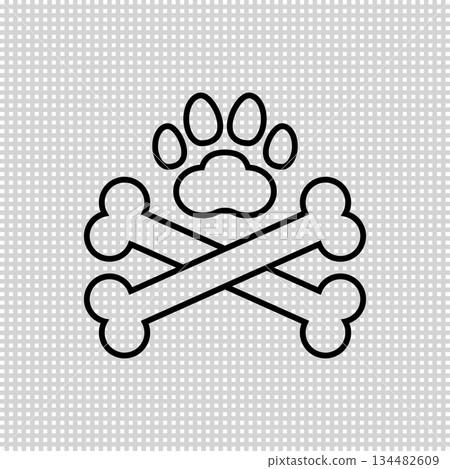 Two dog crossbones and paw print. Crossed dog bones icon and logo design. Outline and line style. Isolated vector illustration on transparent background. Two dog crossbones and paw print. Crossed dog bones icon and logo design. Outline and line style. Isolated vector illustration on transparent background. 134482609