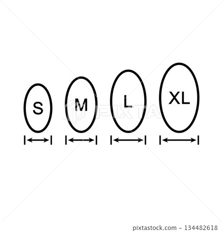 Egg sizes. Set of vector illustrations with arrows and eggs. Drawing on a white background.  134482618