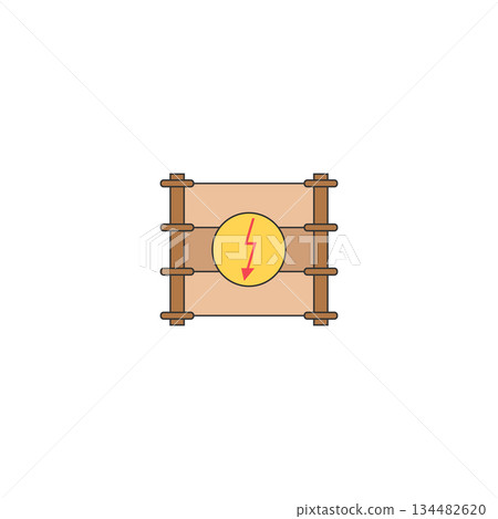Electric fence icon with high voltage sign. Isolated vector illustration on white background. 134482620