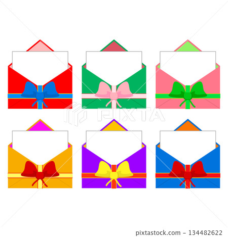 Opened gift envelope with a letter inside and ribbon bow. Set of colored bright vector illustrations. Opened gift envelope with a letter inside and ribbon bow. Set of colored bright vector illustrations. 134482622