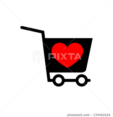 Shopping cart icon with red heart. Shop trolley with wheels and heart symbol. Vector illustration. Shopping cart icon with red heart. Shop trolley with wheels and heart symbol. Vector illustration. 134482626