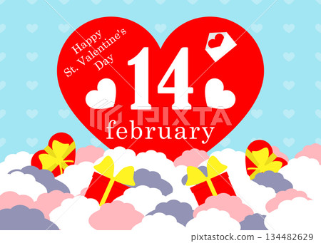 Valentine's day greeting lettering. Sky background with big heart and gifts. Vector illustration. Editable template. 134482629
