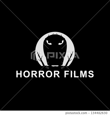 Horror films logo with monster illustration. Vector drawing on black background. 134482630