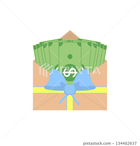 Opened envelope with money and ribbon bow. Paper dollar bills. Vector illustration. Opened envelope with money and ribbon bow. Paper dollar bills. Vector illustration. 134482637