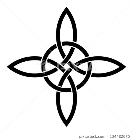 Celtic quad knot, Celtic cross with interlaced circle. Intertwined quadruple knot, an endless pattern with four connected, interlaced loops, with no beginning or end, interlaced with a circle. Vector 134482670
